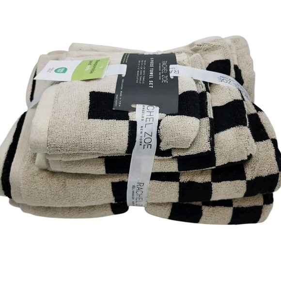 Rachel Zoe 6pc Beige And Black Plaid Cotton Towel Set 2 Bath 2 Hand 2 Washcloths